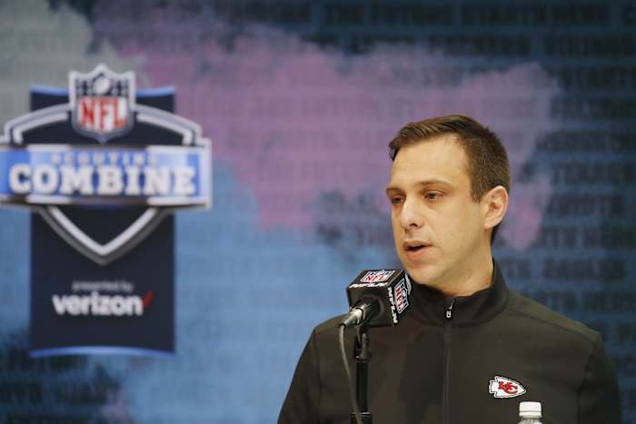 Feb 25, 2020; Indianapolis, Indiana, USA; Kansas City Chiefs general manager Brett Veach speaks to the media during the NFL Combine at the Indiana Convention Center. Mandatory Credit: Brian Spurlock-USA TODAY Sports